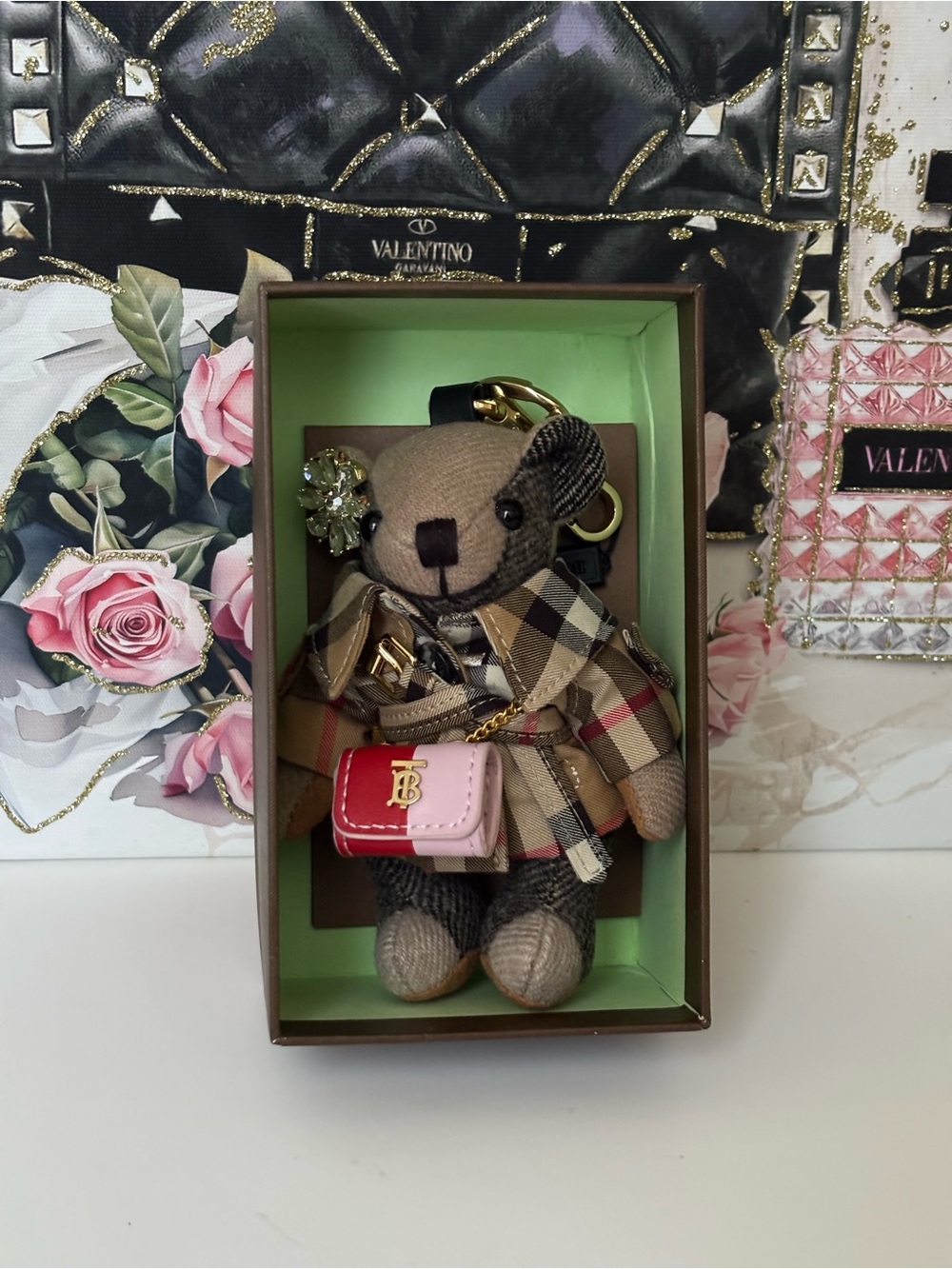 Burberry Plaid Bear Keychain with Pink and Red Mini Bag - Picture 1 of 3
